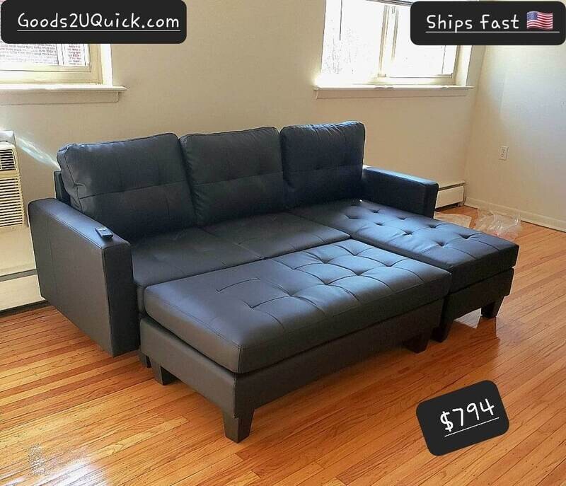 Sectional Sofa L-Shape 3Seat Tufted Faux Leather Couch Set w/Chaise Lounge Black