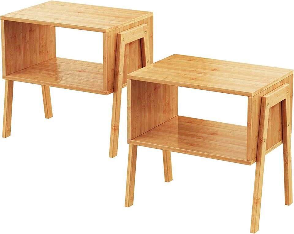 Set of 2, Bamboo Stackable End Tables Wood Living Room Nightstand Bedside Tables
