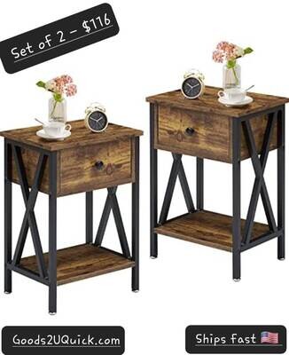 SET OF 2 -Side End Table Night Stand Storage Shelf with Bin Drawer for Living Room, Bedroom, Lounge Rustic