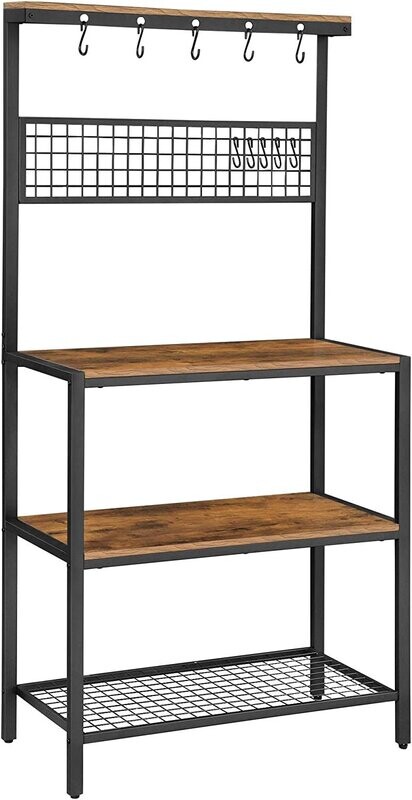 Bakers Rack, Coffee Bar, Kitchen Storage Shelf Rack with 10 Hooks, 3 Shelves