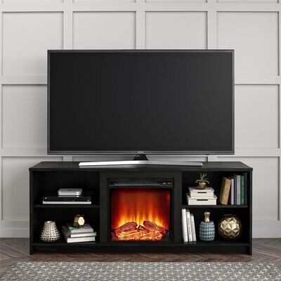 Fireplace TV Stand for TVs up to 65&quot; Black Oak Finish Modern Look Cozy Feel Warm