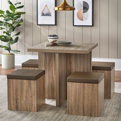 Modern Kitchen Nook 5 Pc Dining Table Set Padded Storage Ottoman Stool Chairs