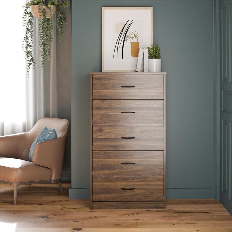 Classic 5 Drawer Wood Dresser Bedroom Clothes Storage Tall Chest Of Drawers Unit