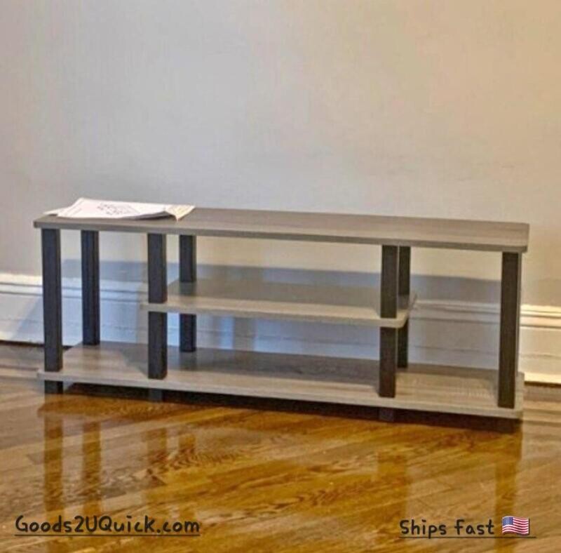 3 Tier Entertainment TV Stand up to 50in size square tubes no tools French Oak - Grey / Black