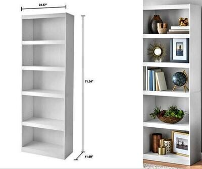 Tall Bookshelf Bookcase 5 Shelf Sturdy Storage Closed Case 3 adjustable Display Shelves White
