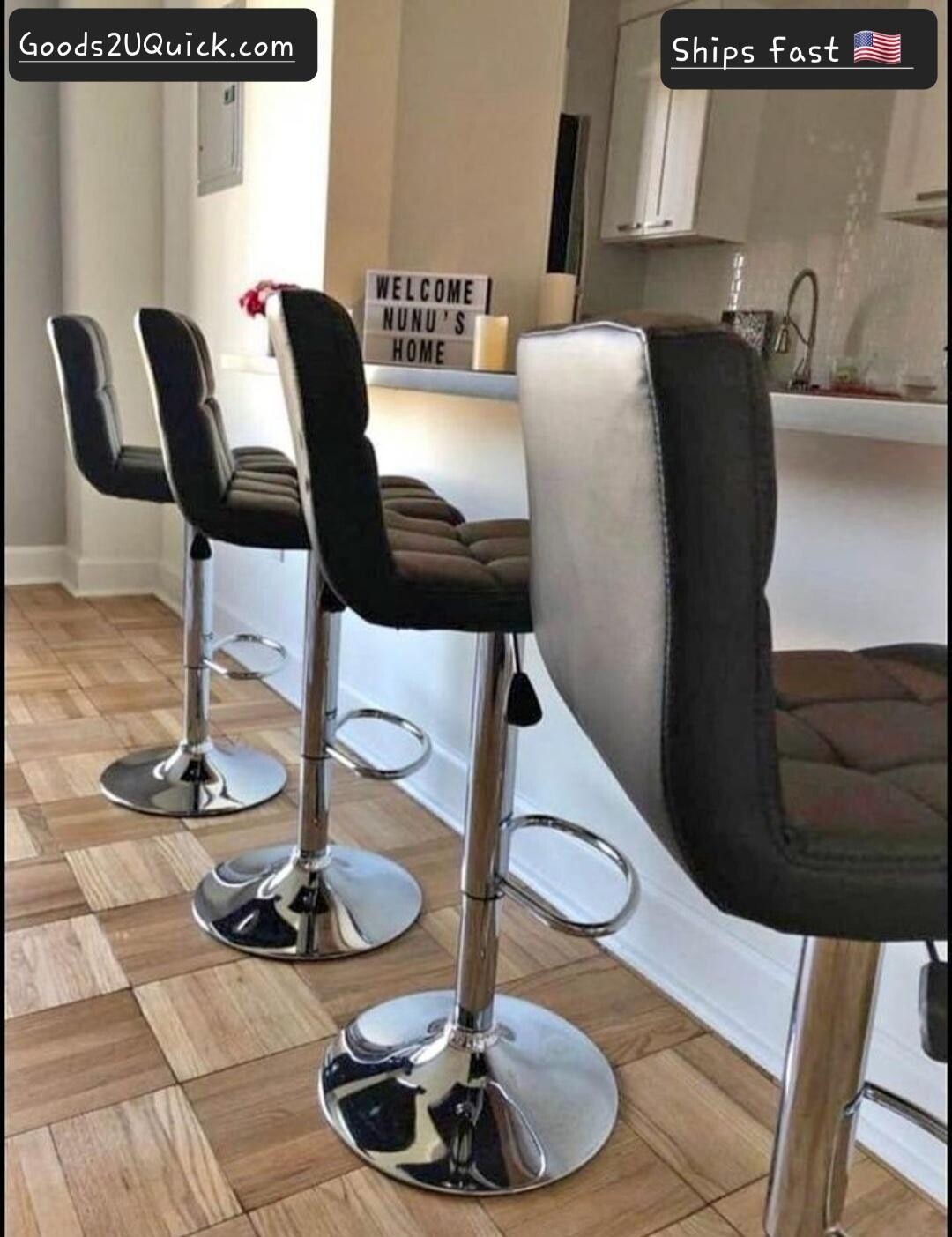 New, Set of four (4) Leather Adjustable Swivel Bar Stools, Modern Armless Barstools, Black