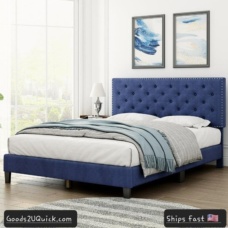 Upholstered Modern Queen Platform Bed Frame with Headboard Wood Slat