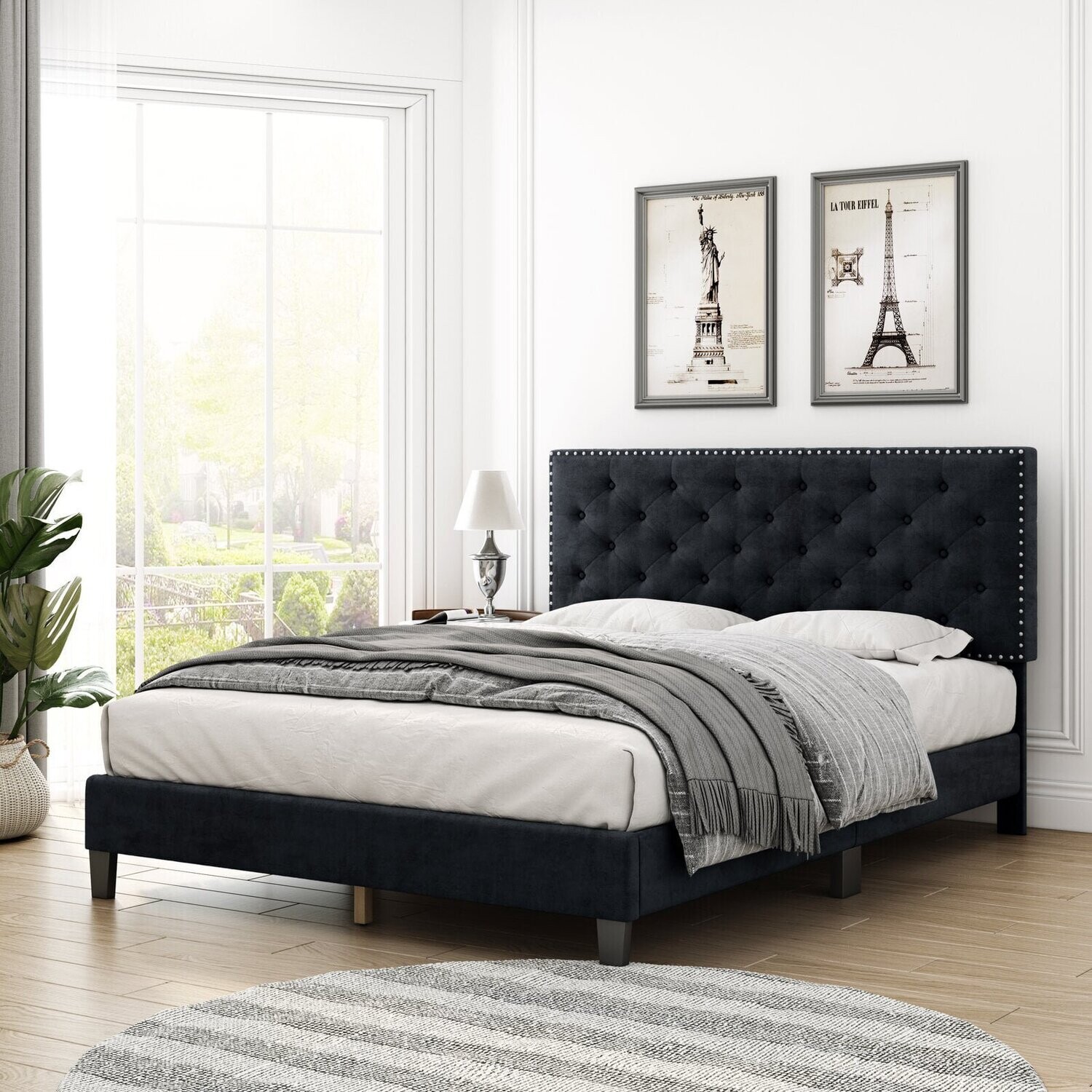 Upholstered Modern Queen Platform Bed Frame with Headboard Wood Slat, Black