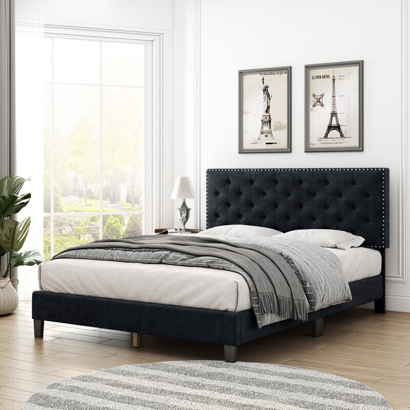 Upholstered Modern Queen Platform Bed Frame with Headboard Wood Slat, Black