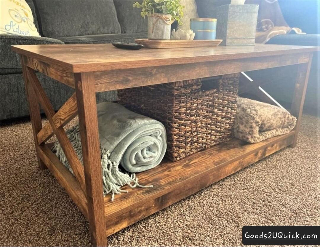 Beautiful Solid Wood Farmhouse Coffee Table With Open Bottom Shelf, Sturdy X Frame Design, Oak