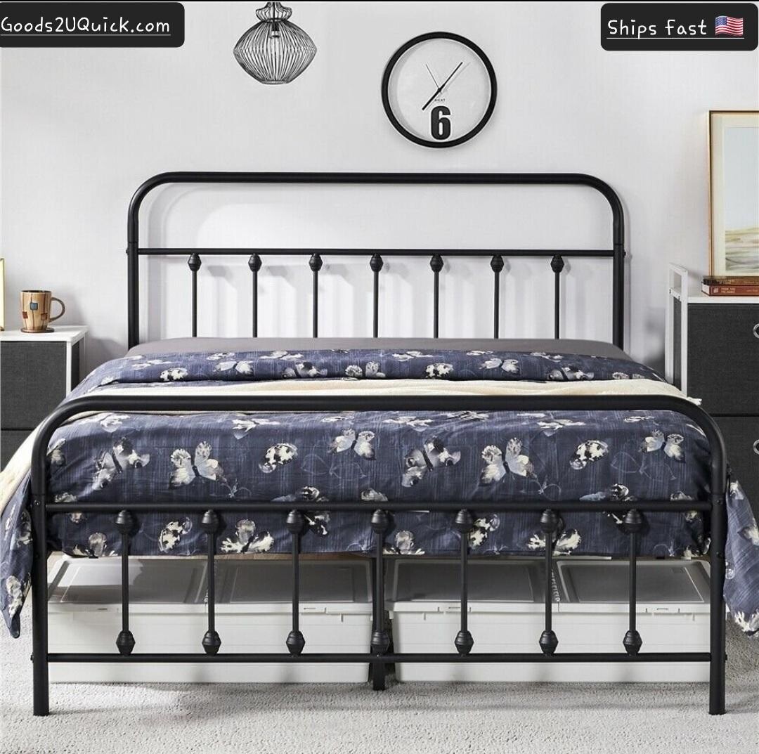 Black Queen Metal Bed Frame Platform Classic Headboard