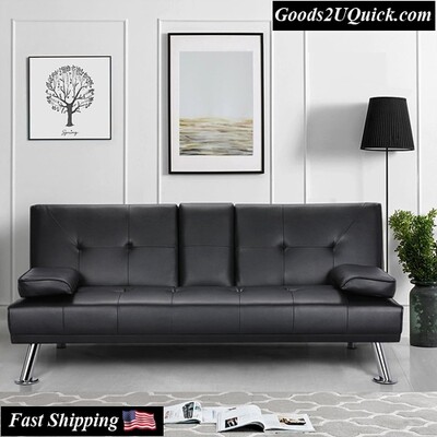 Modern Faux Leather Sofa Bed and Couch with Cupholders and Pillows, Black