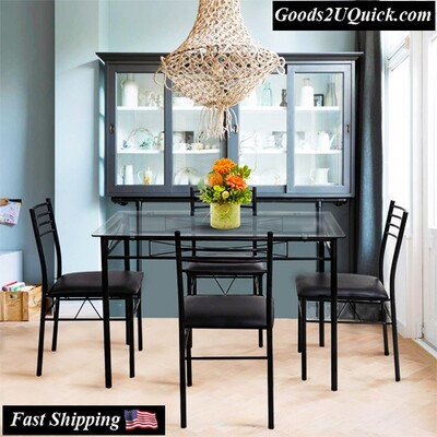 Durable and Sturdy 5 Piece Dining Set Glass Top Table &amp; 4 Upholstered Chairs