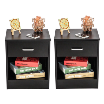 Two Modern Night Stands W/ Drawer Bedside End Tables Organizer - Black
