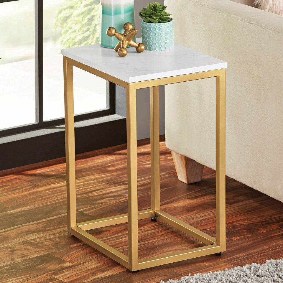 BRAND NEW !!! End Table, White Top with Gold Frame