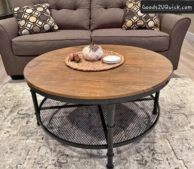 Coffee Table 2-Tier Round Industrial Wood Steel Metal Storage Shelves Furniture