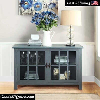 Blue Dining Room Buffet Sideboard Credenza Cabinet TV Stand with Glass Doors