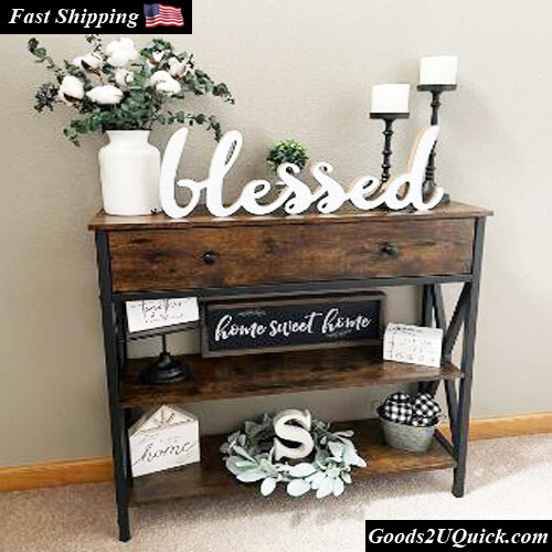 3 Tier Console Table w/ Drawer &amp; 2 Open Storage Living Room Home Furniture , Rustic Brown