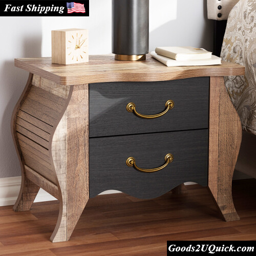 Romilly Country Cottage Farmhouse Black and Oak-Finished Wood 2-Drawer Nightstand