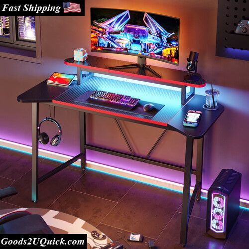50.3&quot; Gaming Desk Computer Office Table with LED Lights &amp; Monitor Stand - Carbon Fiber