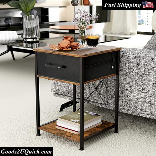 Rustic Nightstand Side Table with Fabric Drawer | Industrial Bedside End table