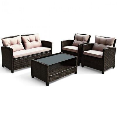 4 Pcs Outdoor Rattan Armrest Furniture Set Table with Lower Shelf