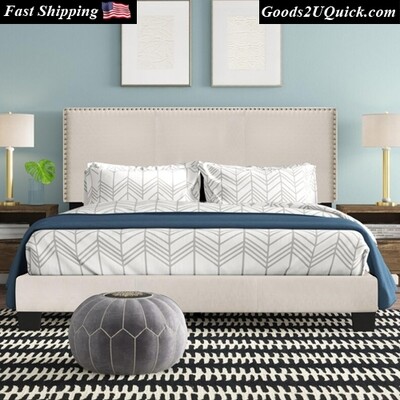 Royale Upholstered Platform Bed with Nail Trim Headboard For Unisex - Full