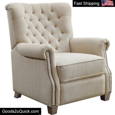 Tufted Push Back Recliner Beige Fabric Upholstery