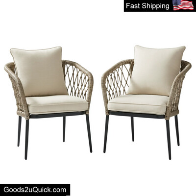 Outdoor Wicker Lounge Chairs With Cushion Stackable Beige/Black Finish Set of 2
