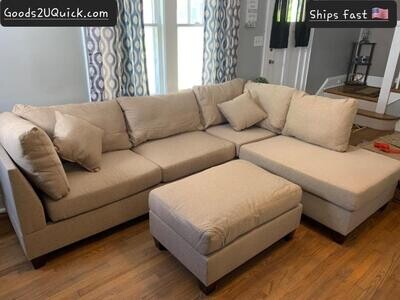 Sand Modern 3pcs Sectional Sofa Comfort Couch Pillows Ottoman Linen Fabric