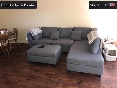 Gray Modern 3pcs Sectional Sofa Comfort Couch Pillows Ottoman Linen Fabric