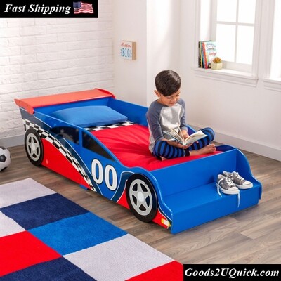 Wooden Racecar Toddler Bed with Built-In Bench and Bed Rails - Red and Blue