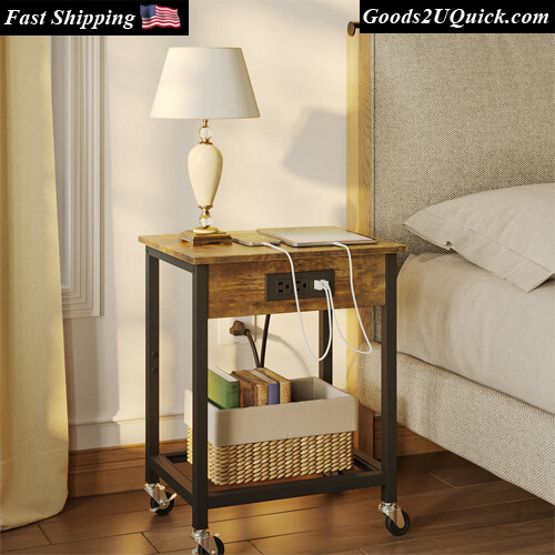 Side End Table Wood Nightstand Storage Shelf w/ USB Ports &amp; Power Ports &amp; Wheels