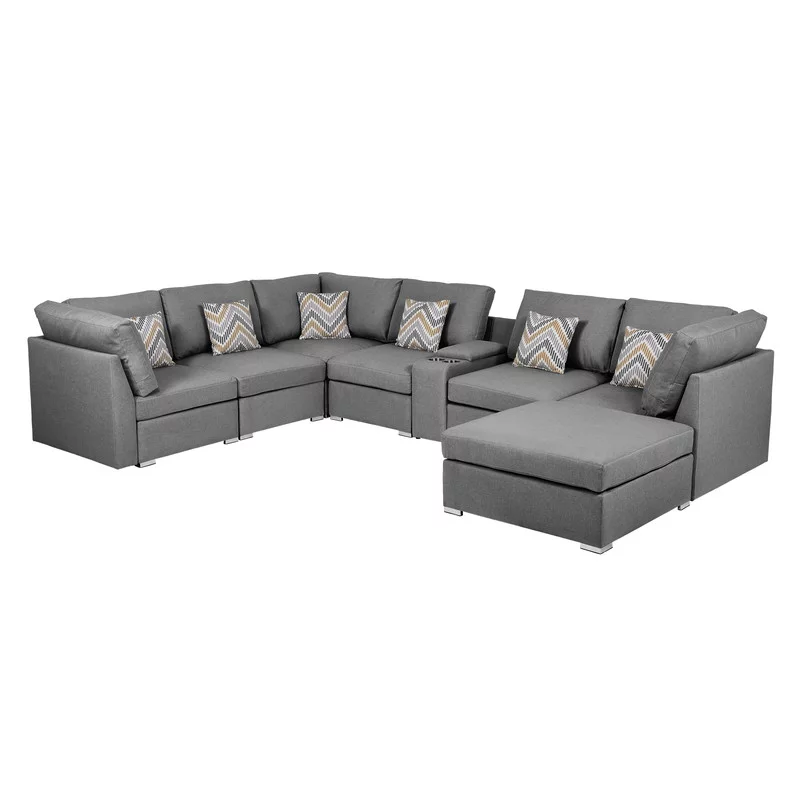 Gray Fabric Reversible Modular Sectional Sofa with USB Console and Ottoman