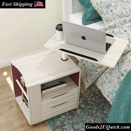 Height Adjustable Nightstand Movable Bedroom Side Table with 2 Drawers Maple
