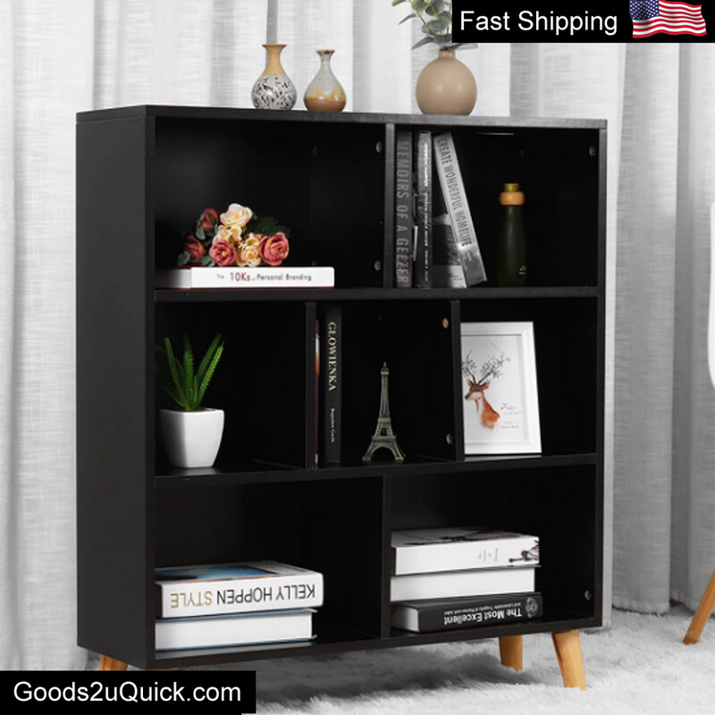 Cube Storage Organizer, 7 Cubes Wooden Cabinet Storage Organizer, Bedroom Living Room Office Bookcases Shelves for Shoes, Cloths, Books, Arts, Toys (Black w/ Legs)