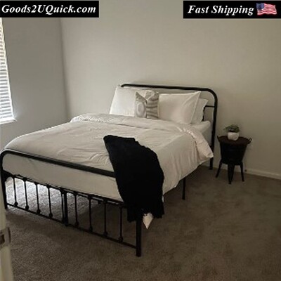 Modern Metal Platform Queen Bed With High Headboard, Black