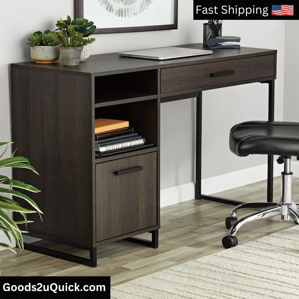 Mainstays Wood &amp; Metal Writing Desk with 1 Drawer and 1 Door, Espresso Finish.