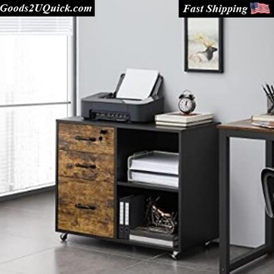 Rolling File Cabinet on with 3 Drawers and 2 Shelves, Black/Rustic Brown