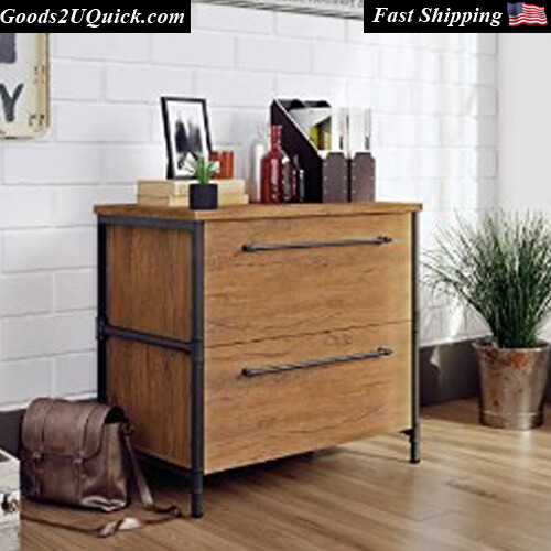 Sauder Iron City Industrial Interlocking 2 Drawer Lateral File Cabinet, Checked Oak Finish