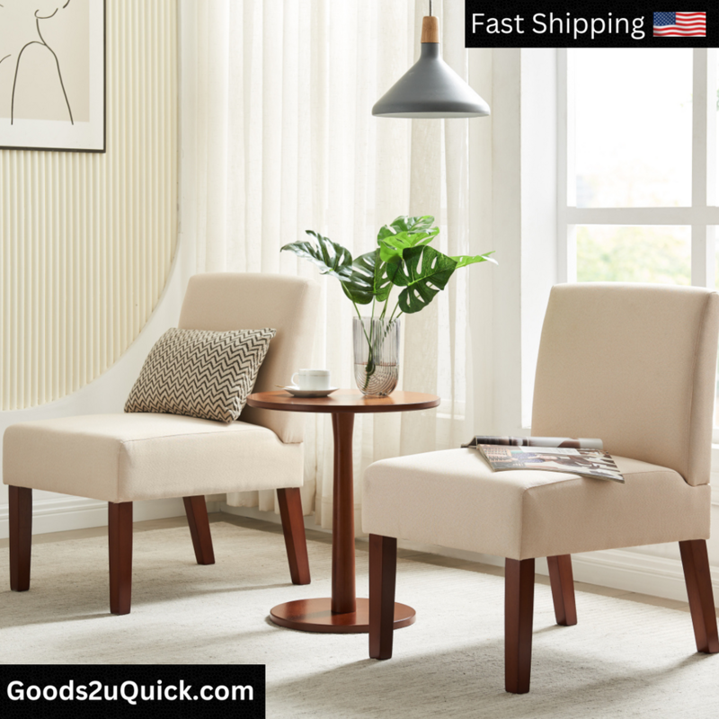 Fabric Accent Chair Set of 2 with Round Wood Table, Decorative Slipper Chair Van