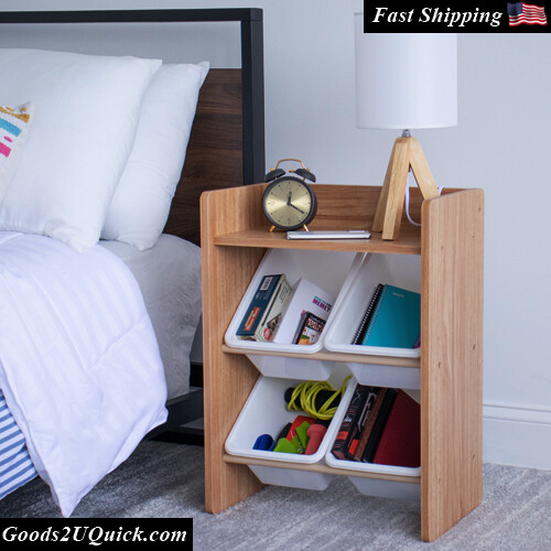 4 Bin Storage End Table Nightstand wooden finish with white colored storage bins