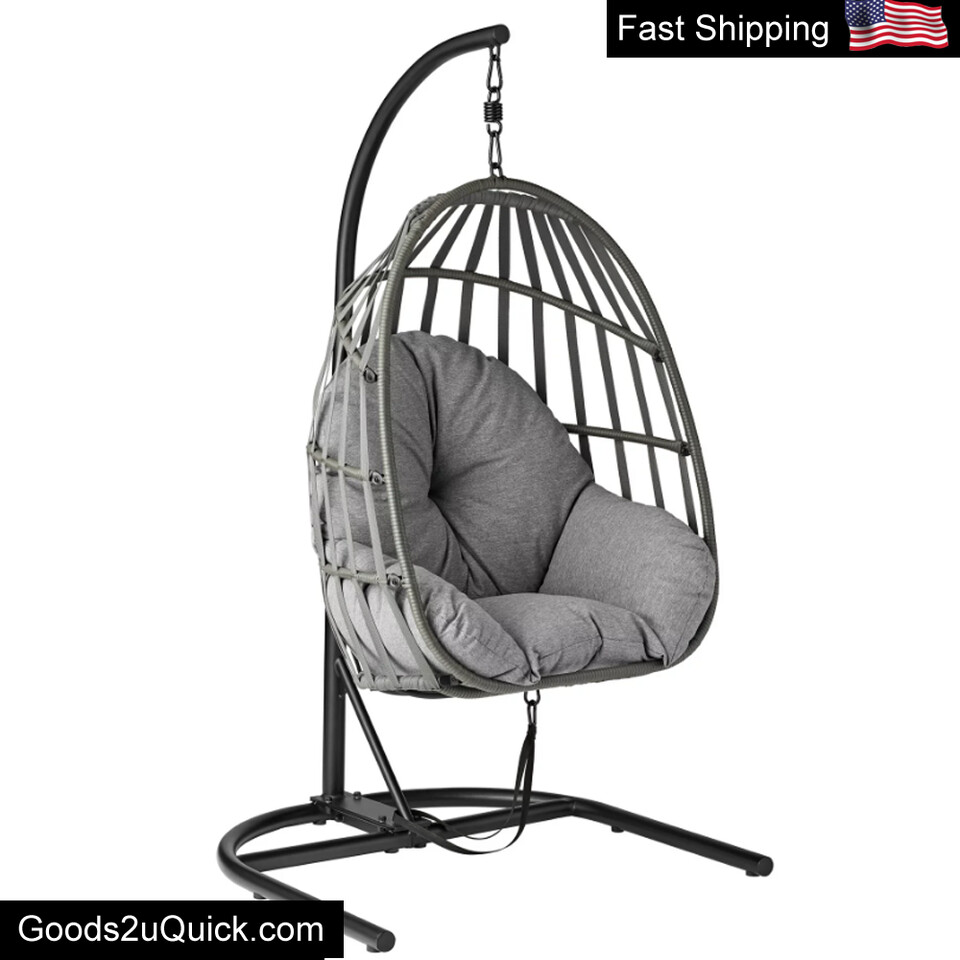 Wicker Outdoor Patio Hanging Egg Swing Chair w/Olefin Cushion and Metal Stand