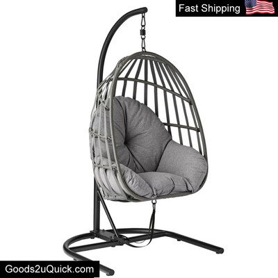 Wicker Outdoor Patio Hanging Egg Swing Chair w/Olefin Cushion and Metal Stand
