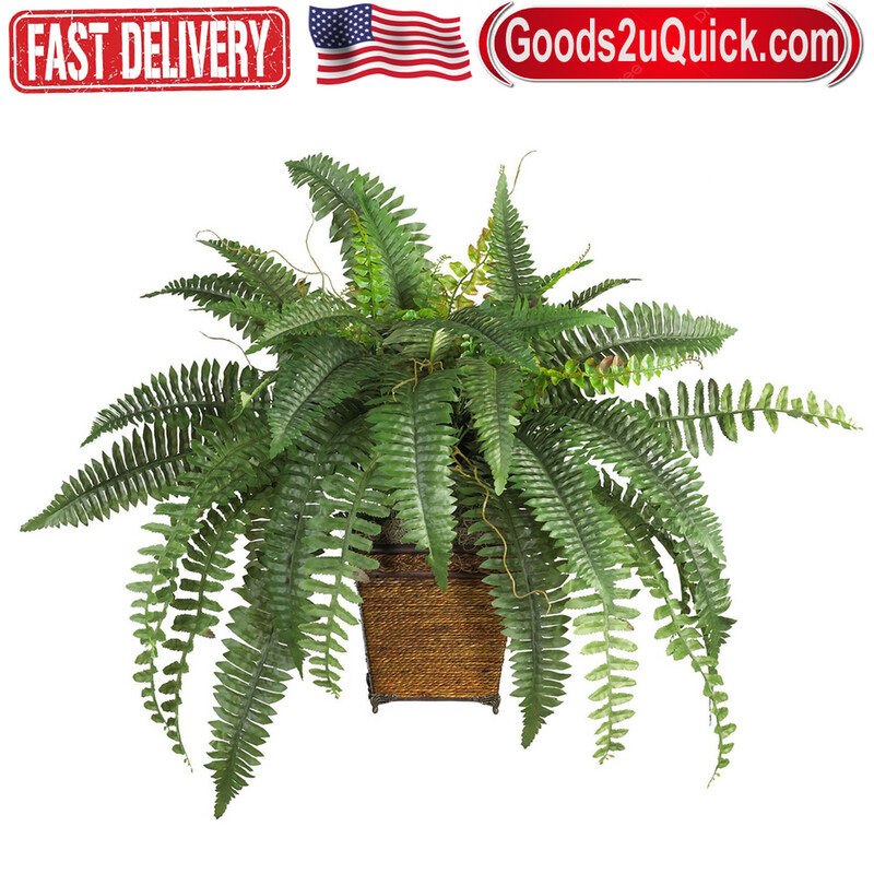 Nearly Natural 28&quot; Artificial Silk Boston Fern Plant with Wicker Basket