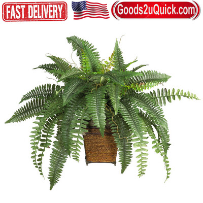 Nearly Natural 28" Artificial Silk Boston Fern Plant with Wicker Basket