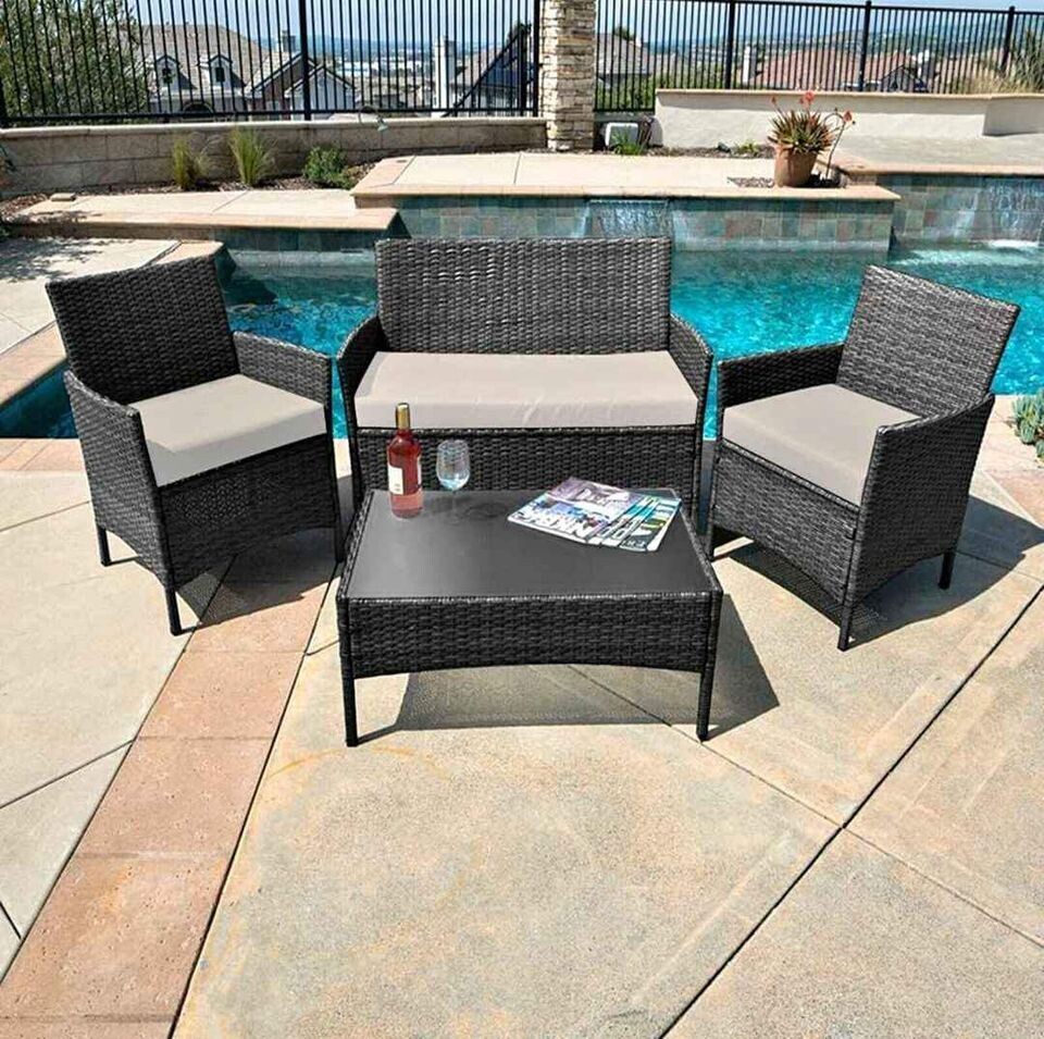 4 Pieces Patio Outdoor Furniture Set Rattan Sofa Wicker Table Sectional Garden Cushioned