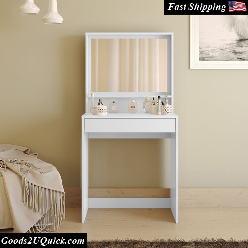Sierra 1 Drawer Vanity table &amp; Storage Shelves in White Finish, for Bedroom