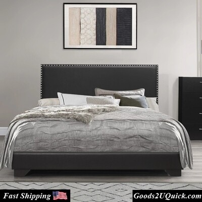 Willow Nailhead Trim Upholstered Queen Bed, Black Faux Leather