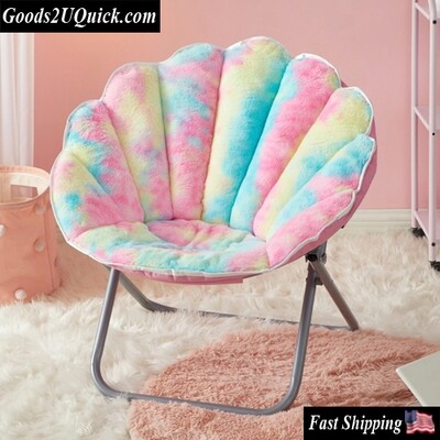 Faux Fur Scallop Saucer™ Chair with Holographic Trim, Rainbow Tie Dye Pink
